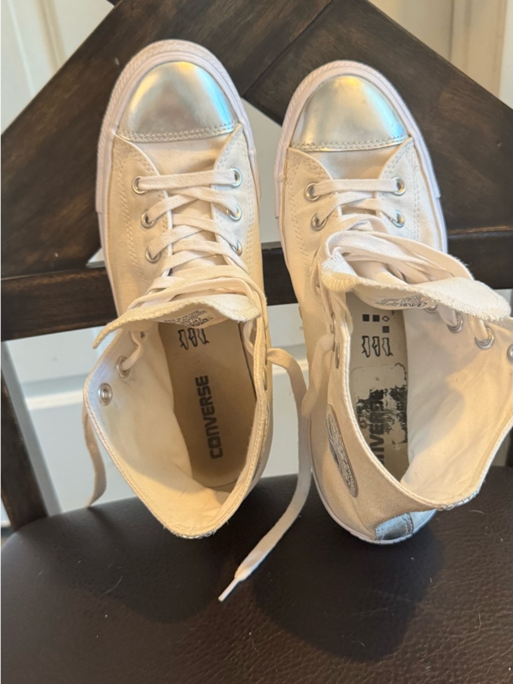 White High-Top Canvas Sneakers with Metallic Silver Toes - Picture 6 of 7